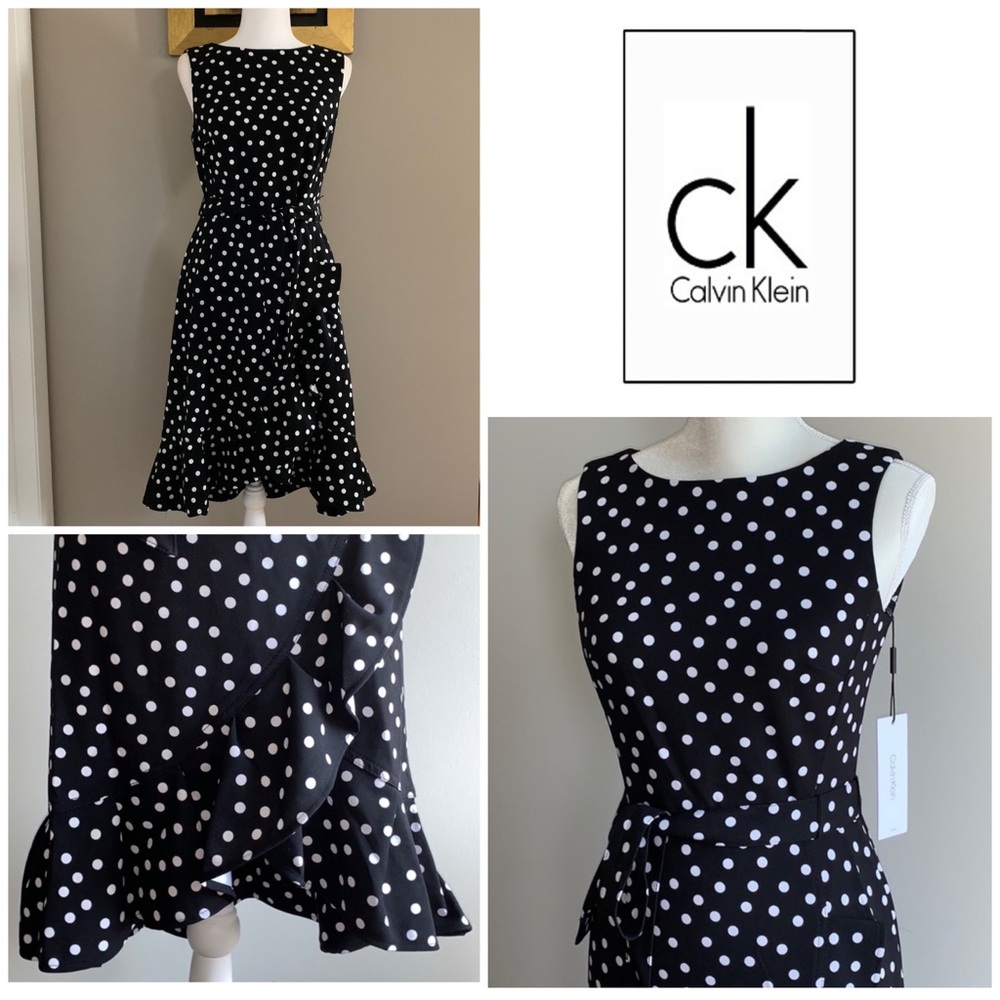 Calvin Klein 8 Polka Dot Flounce Tulip Hem Dress